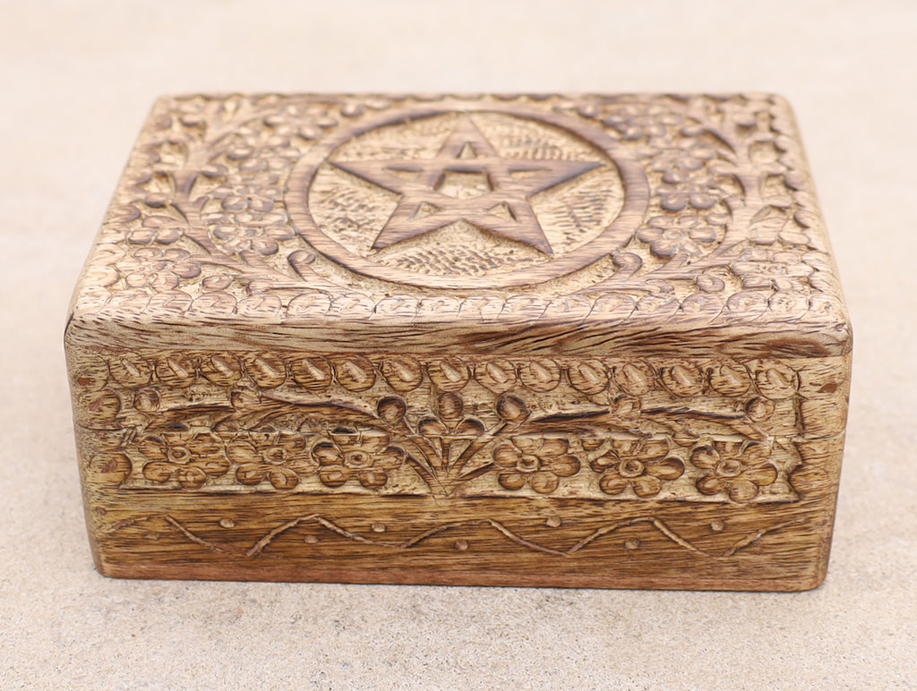 Hand Carved Pentagram Star Wooden Box Keepsake Jewelry Storage - DharmaObjects