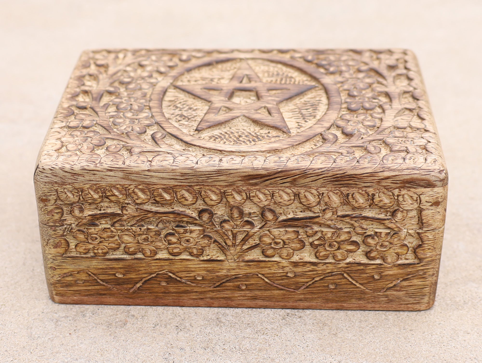 Hand Carved Pentagram Star Wooden Box Keepsake Jewelry Storage - DharmaObjects