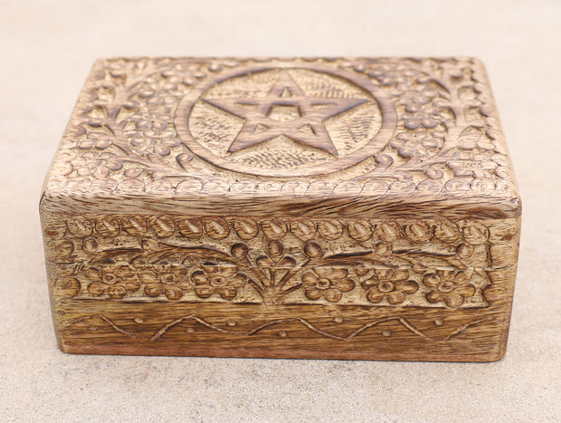Hand Carved Pentagram Star Wooden Box Keepsake Jewelry Storage