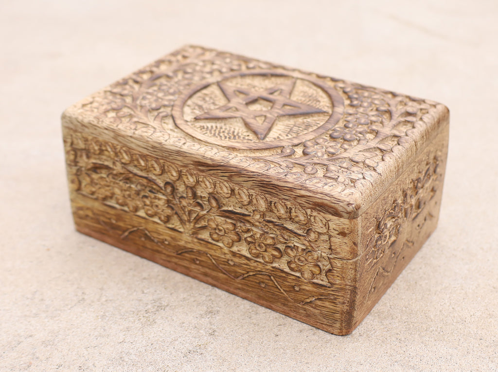 Hand Carved Pentagram Star Wooden Box Keepsake Jewelry Storage - DharmaObjects