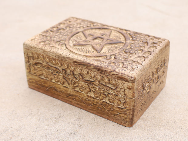 Hand Carved Pentagram Star Wooden Box Keepsake Jewelry Storage