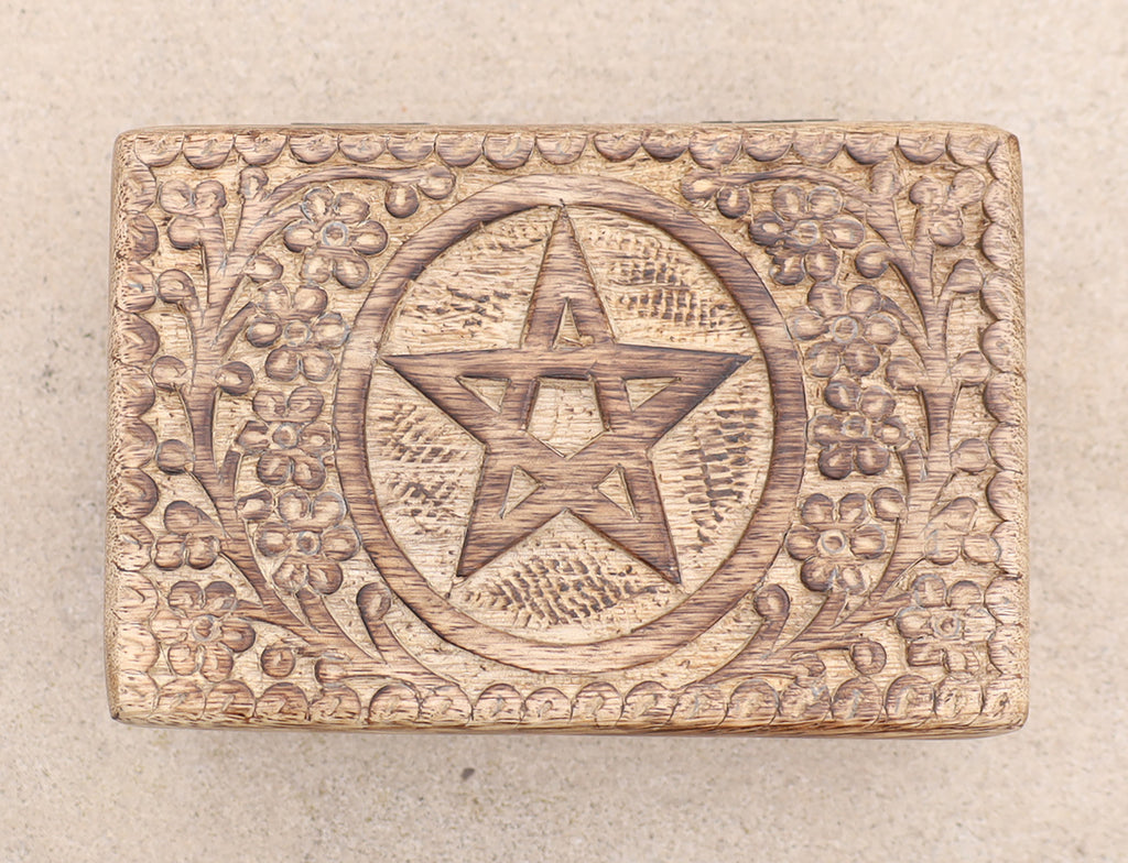 Hand Carved Pentagram Star Wooden Box Keepsake Jewelry Storage - DharmaObjects