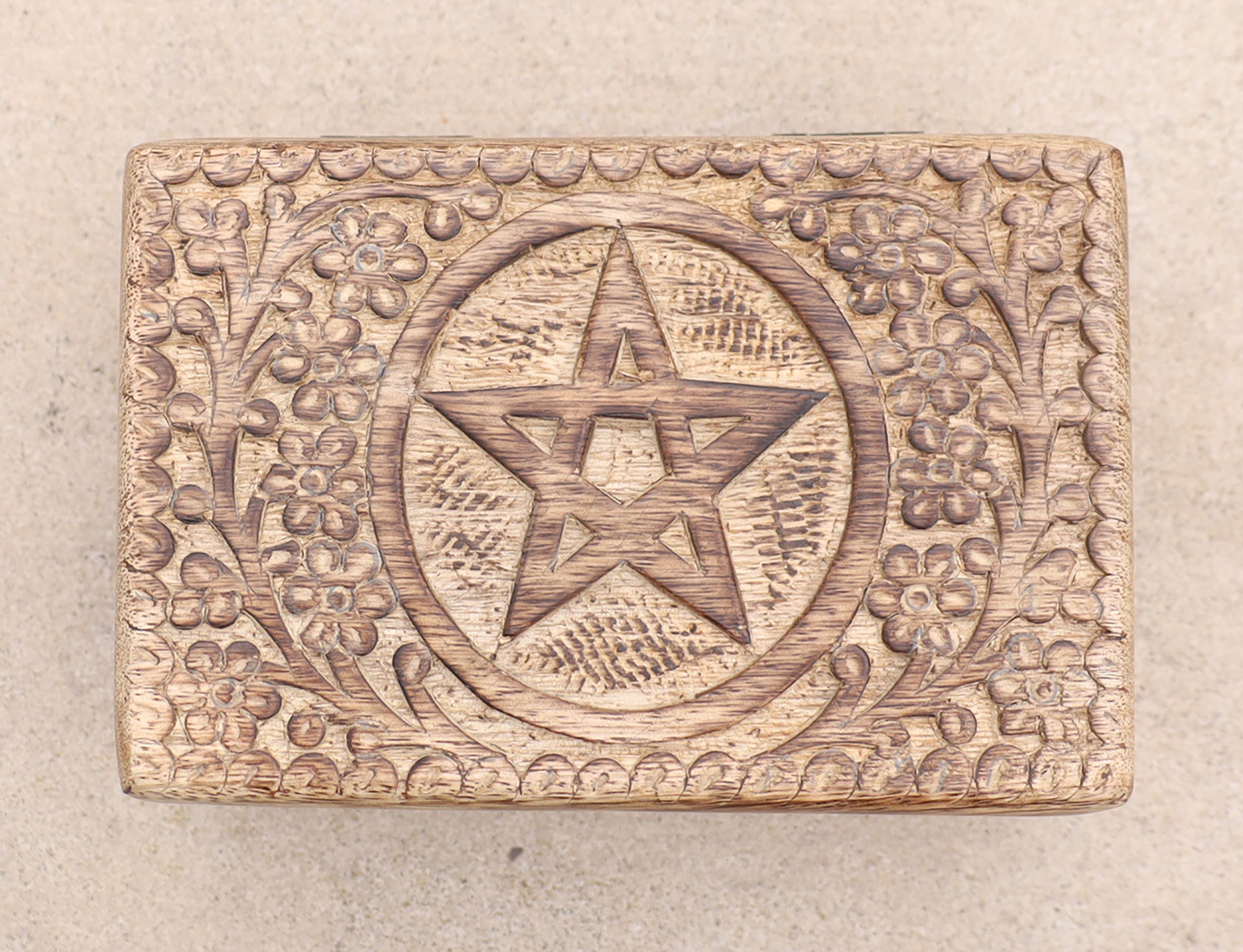 Hand Carved Pentagram Star Wooden Box Keepsake Jewelry Storage - DharmaObjects
