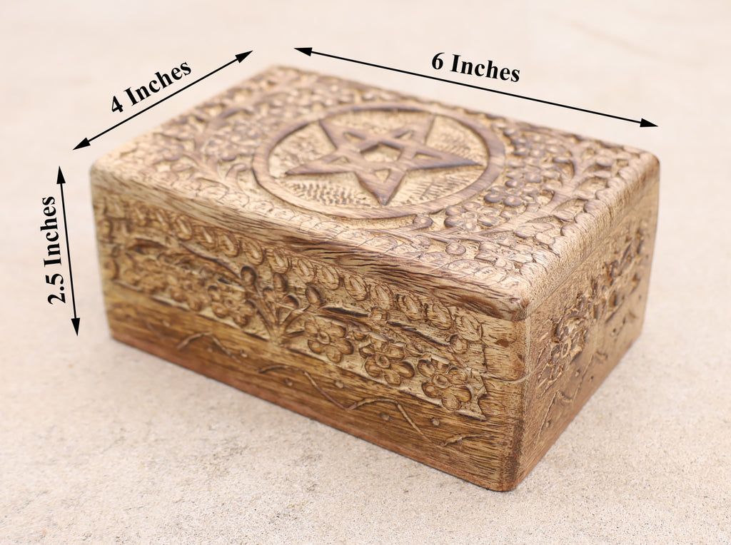 Hand Carved Pentagram Star Wooden Box Keepsake Jewelry Storage - DharmaObjects