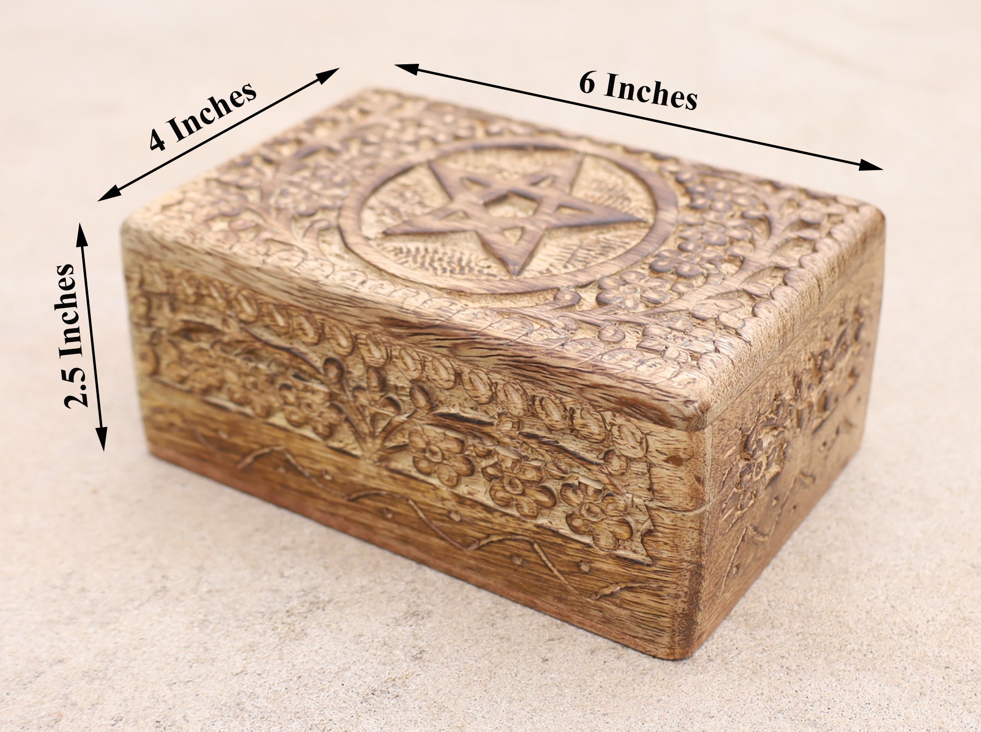 Hand Carved Pentagram Star Wooden Box Keepsake Jewelry Storage - DharmaObjects