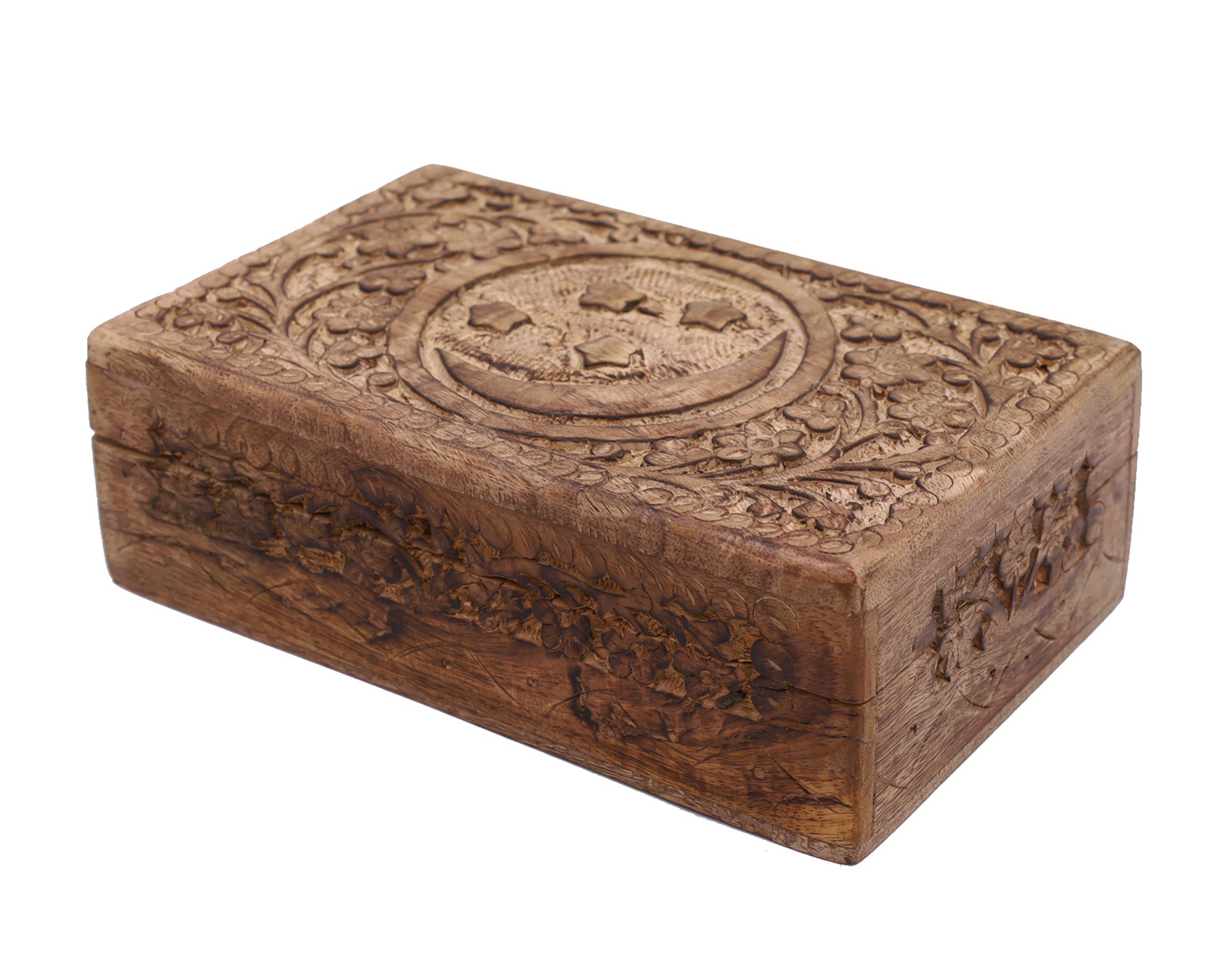 Celestial Moon and Stars Hand Carved Wooden Storage Keepsake Box - DharmaObjects