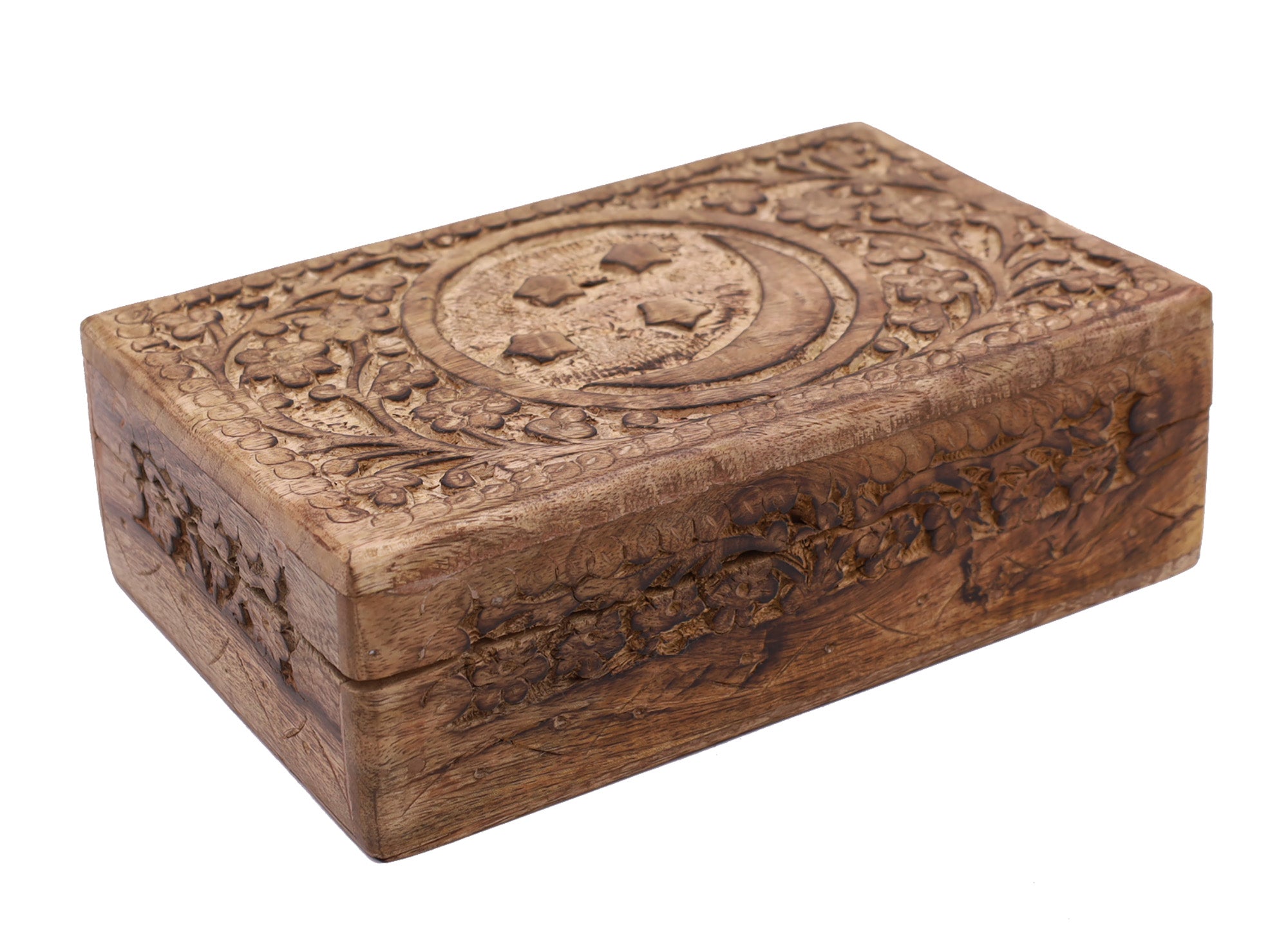 Celestial Moon and Stars Hand Carved Wooden Storage Keepsake Box - DharmaObjects