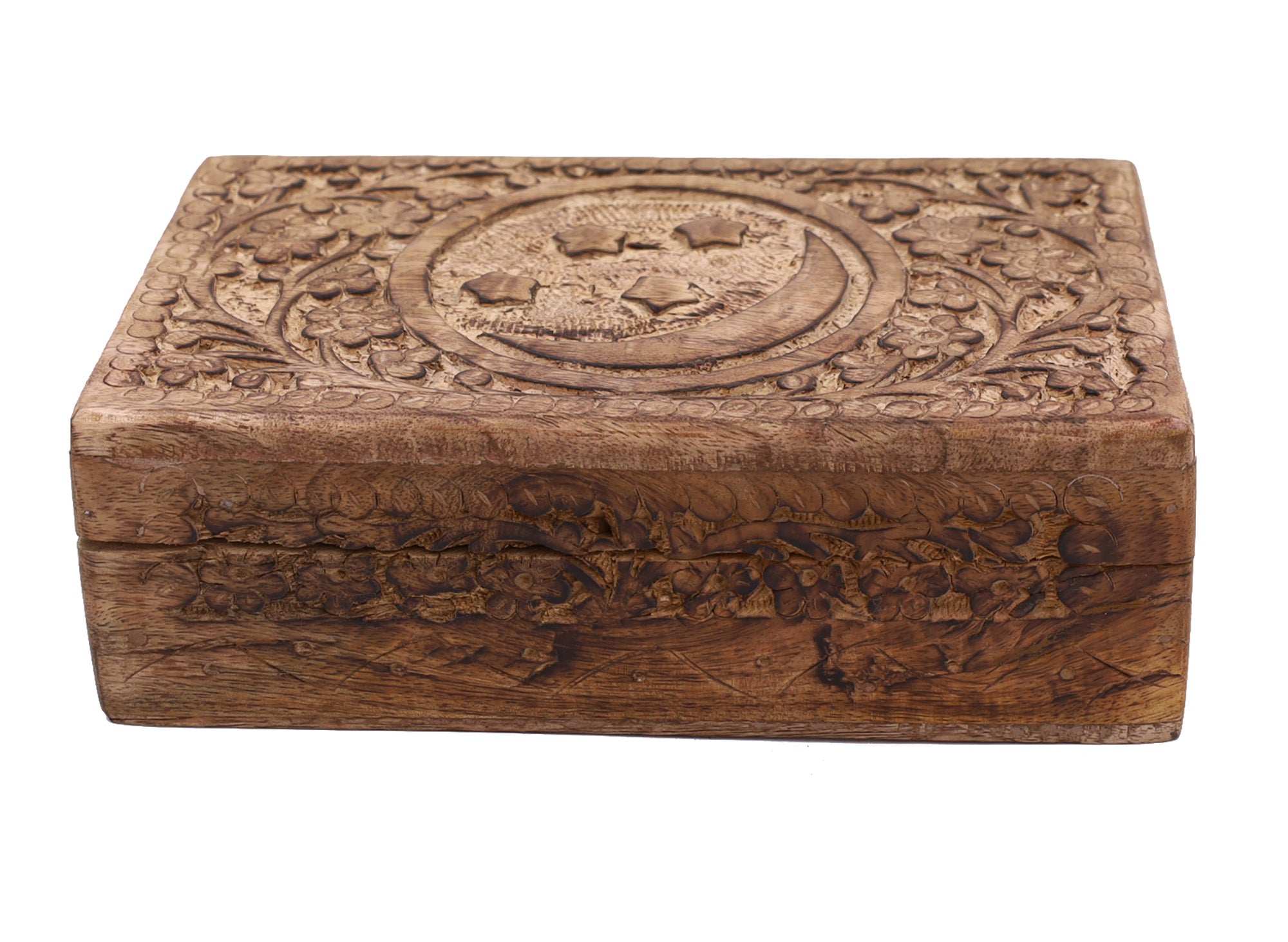 Celestial Moon and Stars Hand Carved Wooden Storage Keepsake Box - DharmaObjects