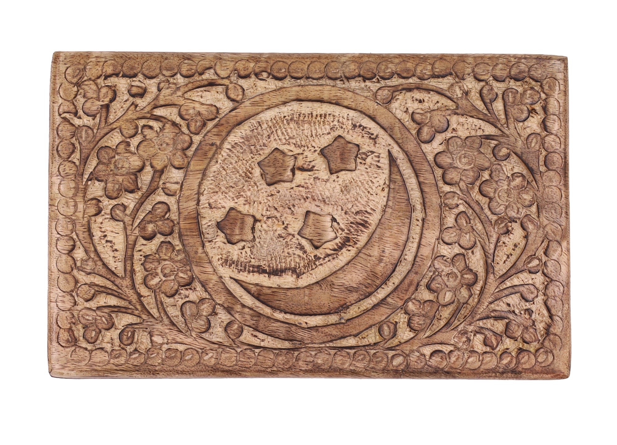 Celestial Moon and Stars Hand Carved Wooden Storage Keepsake Box - DharmaObjects