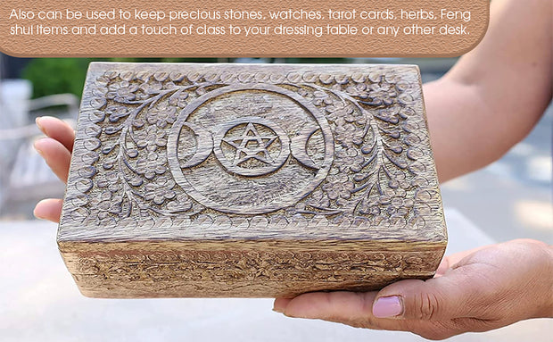 Triple Moon Hand Carved Jewelry Trinket Keepsake Wooden Storage Box (Triple Moon, Large)