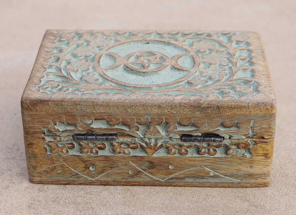 Hand Carved Triple Moon Wooden Storage, Jewelry, Keepsake Box