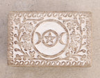 Hand Carved Triple Moon Wooden Storage, Jewelry, Keepsake Box