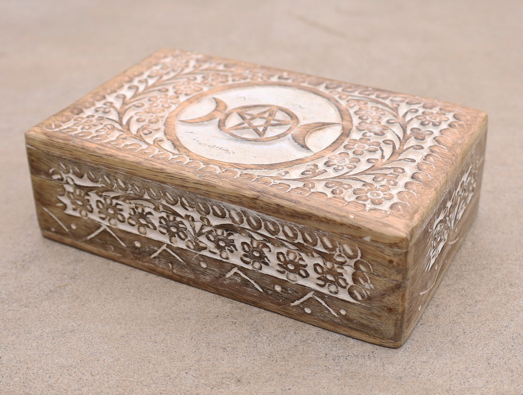 Triple Moon Hand Carved Jewelry Trinket Keepsake Wooden Storage Box (Triple Moon, Large) - DharmaObjects