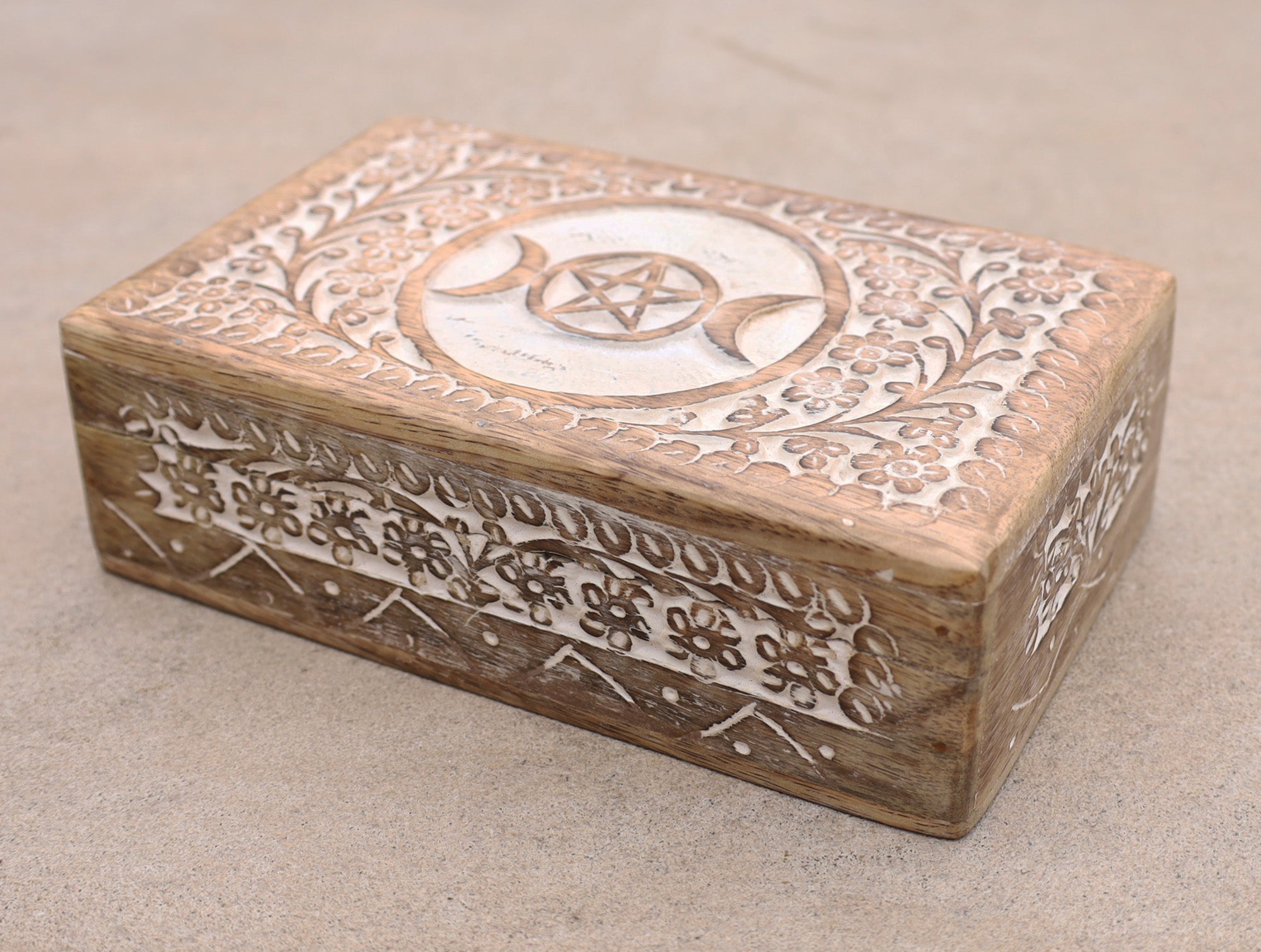 Triple Moon Hand Carved Jewelry Trinket Keepsake Wooden Storage Box (Triple Moon, Large) - DharmaObjects