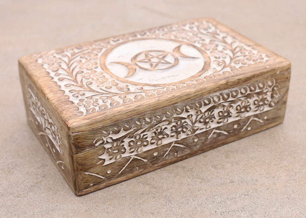 Triple Moon Hand Carved Jewelry Trinket Keepsake Wooden Storage Box (Triple Moon, Large) - DharmaObjects
