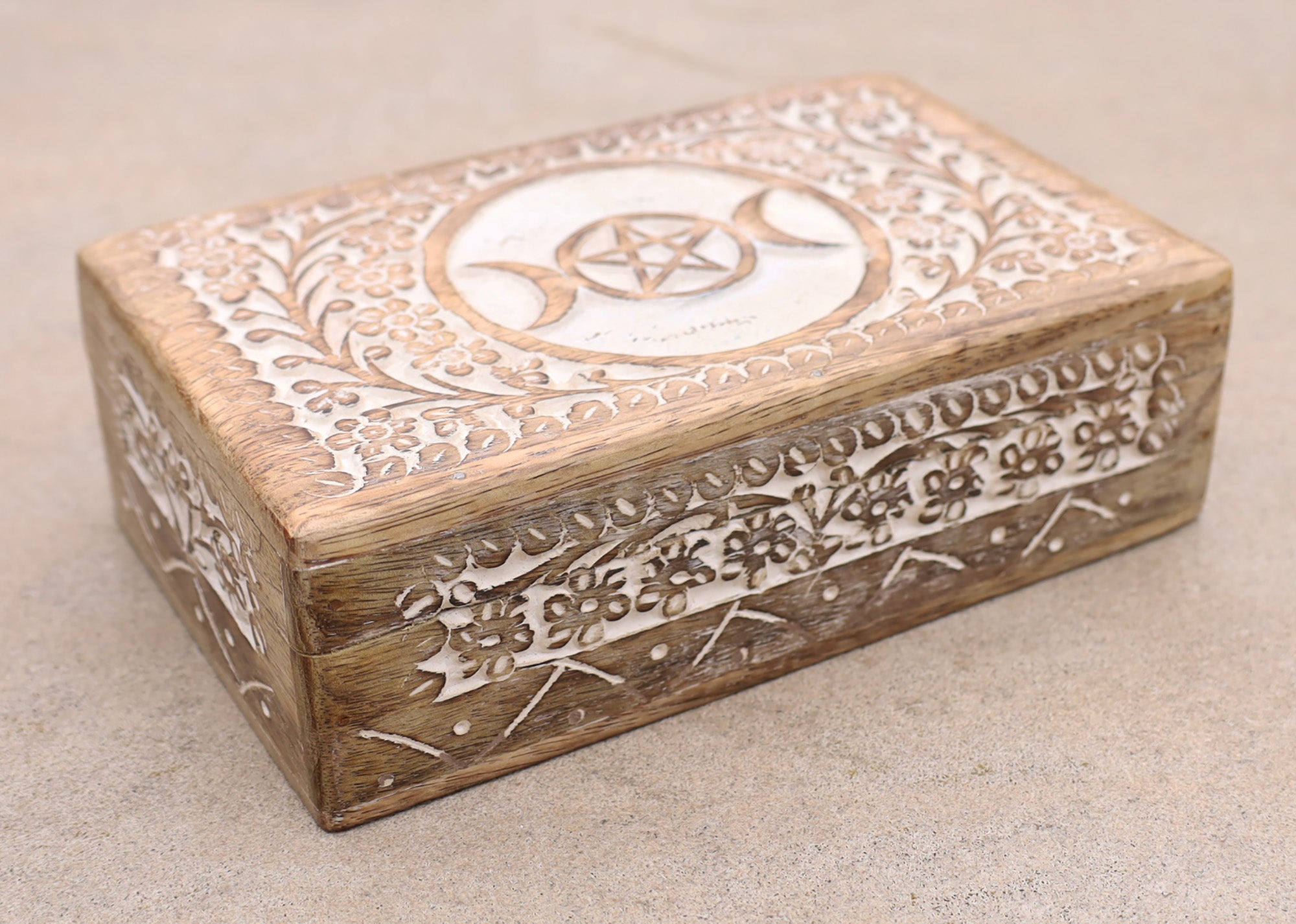 Triple Moon Hand Carved Jewelry Trinket Keepsake Wooden Storage Box (Triple Moon, Large) - DharmaObjects