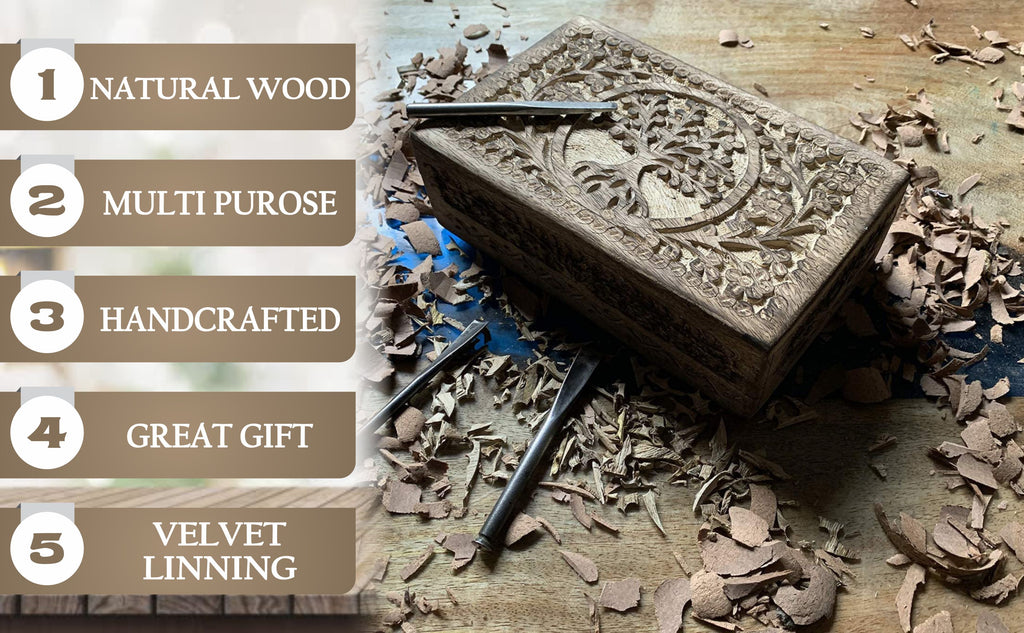 Large Hand Carved Tree of Life Wooden Box Keepsake Storage Multi Utility - DharmaObjects