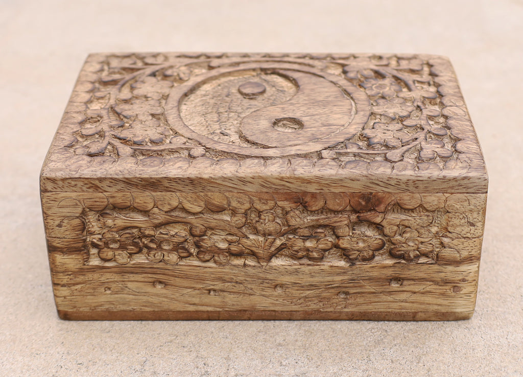 Hand Carved Yin Yang Wooden Box Keepsake Jewelry Storage