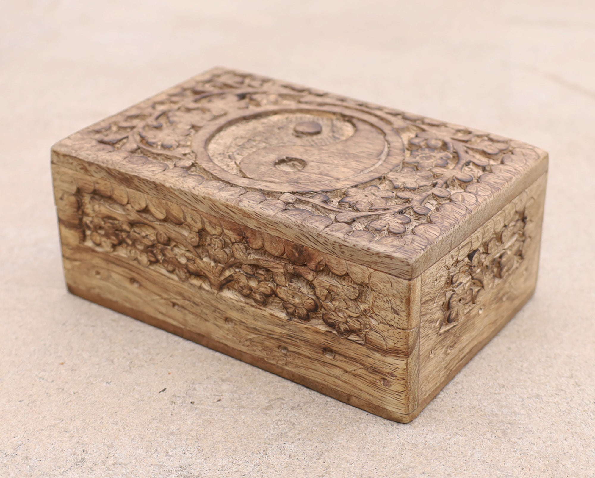 Hand Carved Yin Yang Wooden Box Keepsake Jewelry Storage