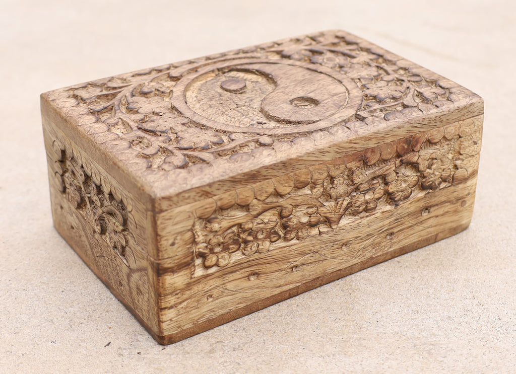 Hand Carved Yin Yang Wooden Box Keepsake Jewelry Storage