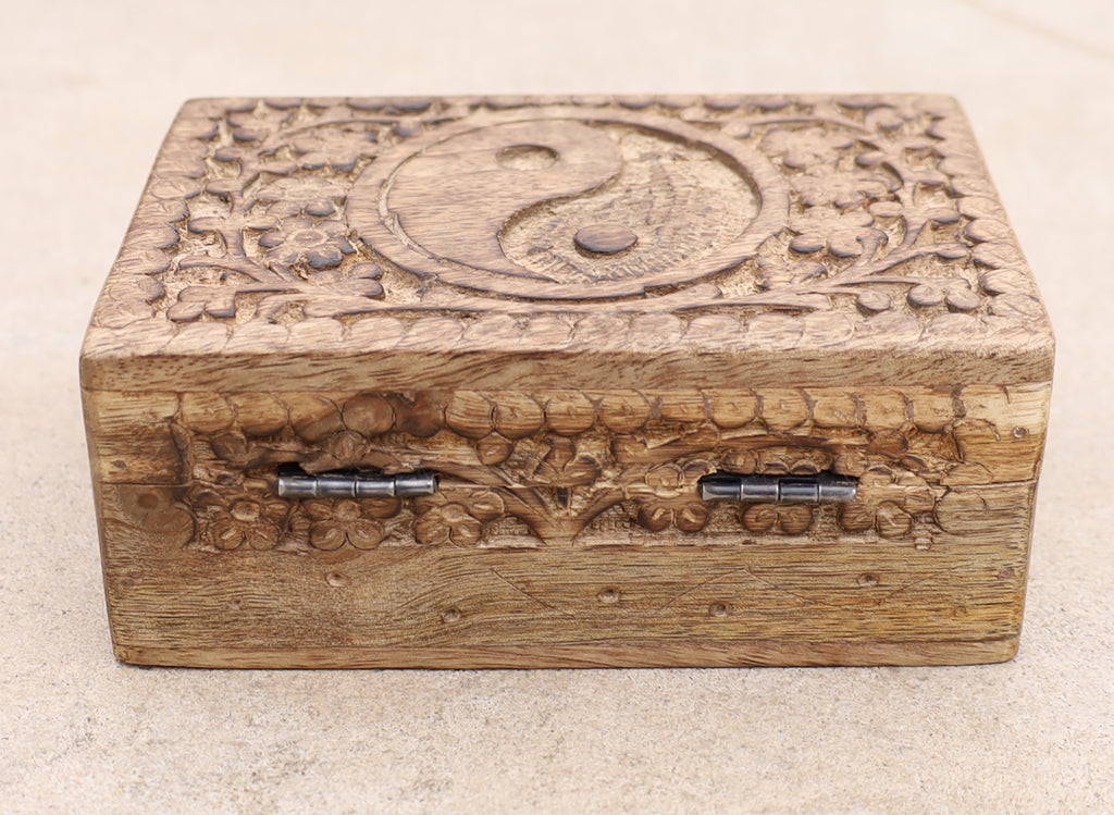Hand Carved Yin Yang Wooden Box Keepsake Jewelry Storage