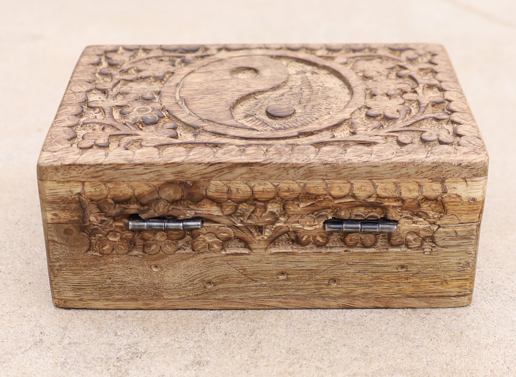Hand Carved Yin Yang Wooden Box Keepsake Jewelry Storage