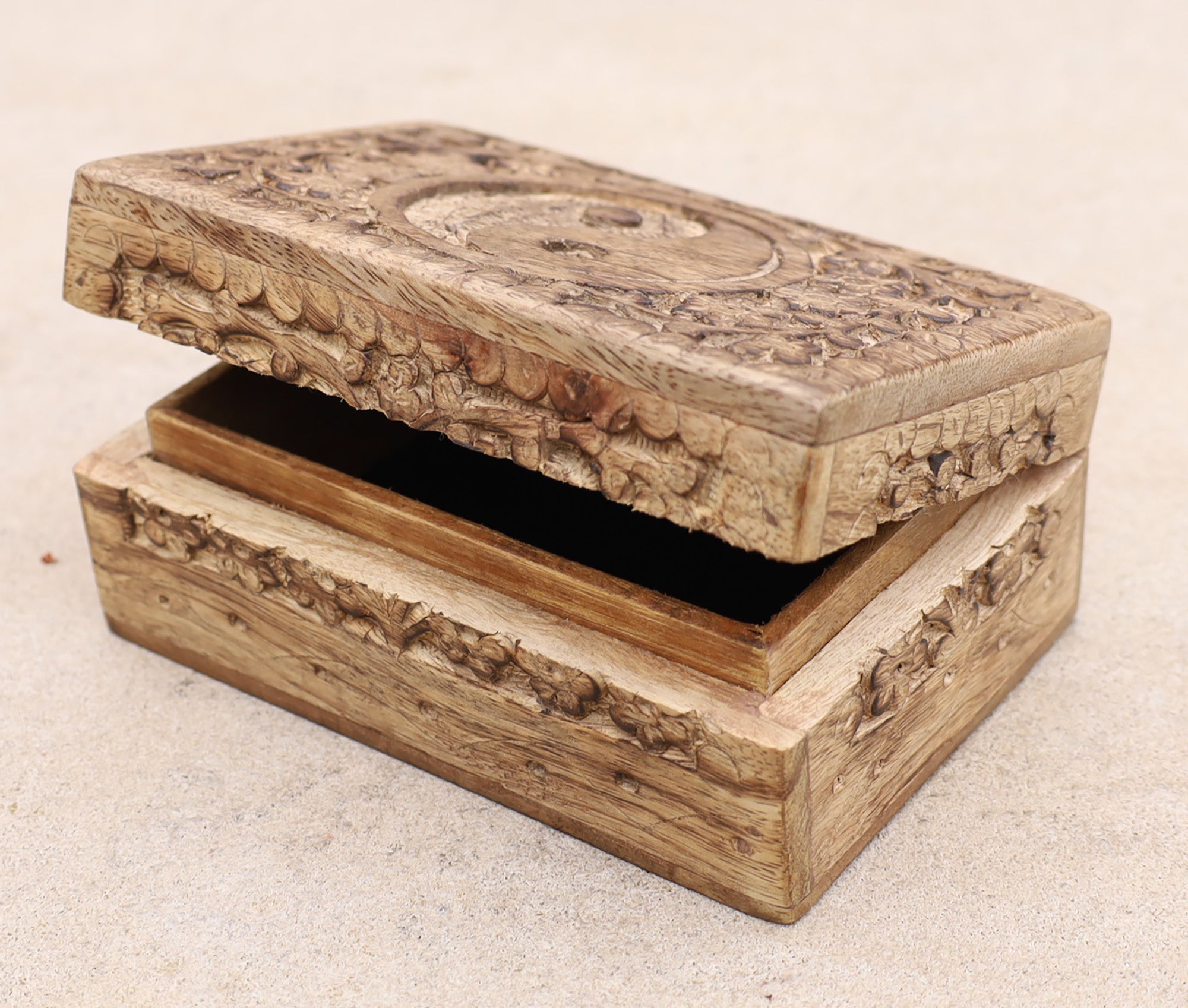 Hand Carved Yin Yang Wooden Box Keepsake Jewelry Storage