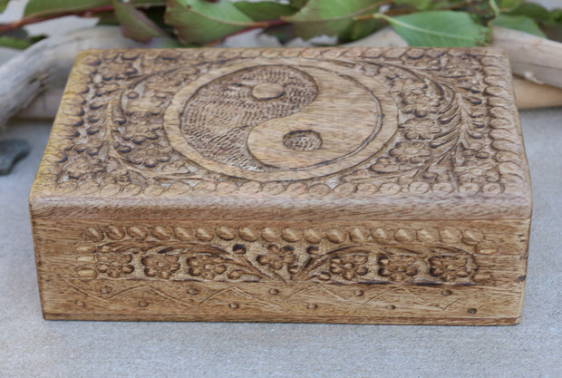 Hand Carved Yin Yang Wooden Box Keepsake Jewelry Storage