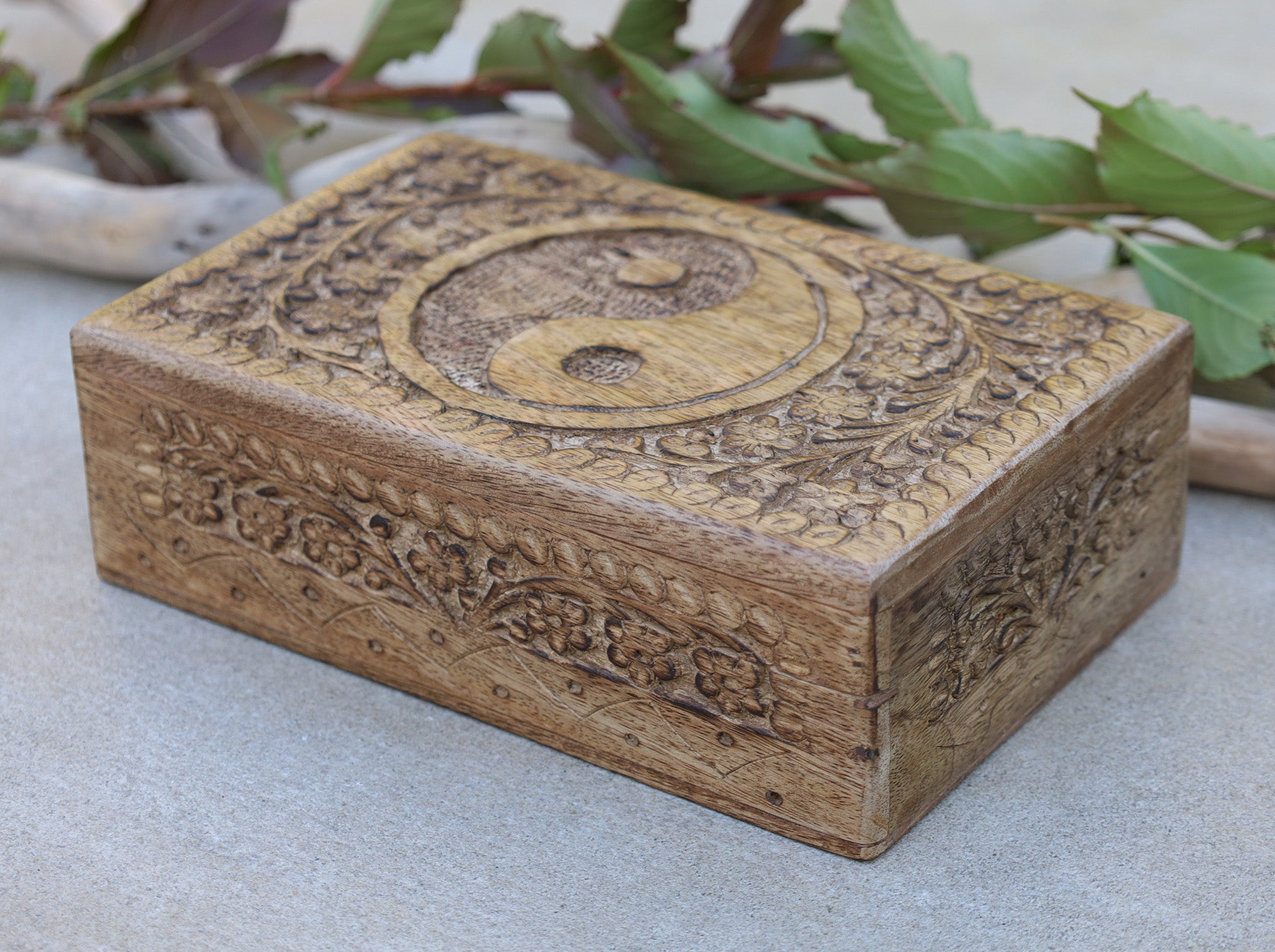 Hand Carved Yin Yang Wooden Box Keepsake Jewelry Storage