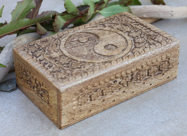 Hand Carved Yin Yang Wooden Box Keepsake Jewelry Storage
