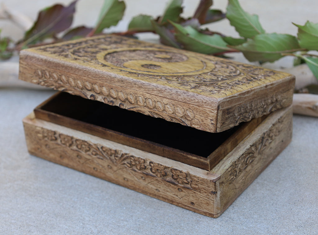 Hand Carved Yin Yang Wooden Box Keepsake Jewelry Storage