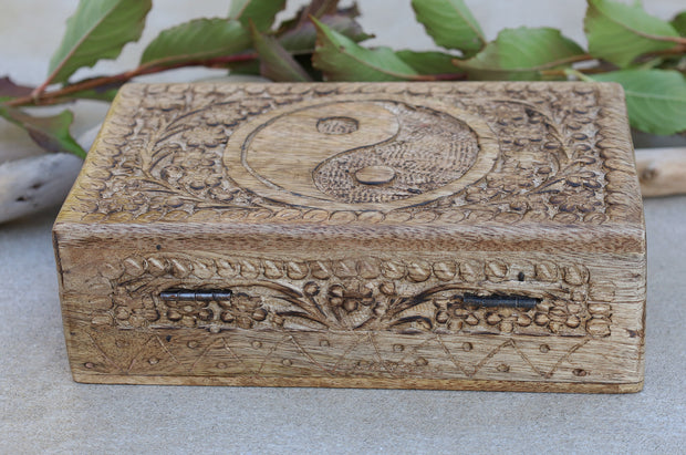 Hand Carved Yin Yang Wooden Box Keepsake Jewelry Storage