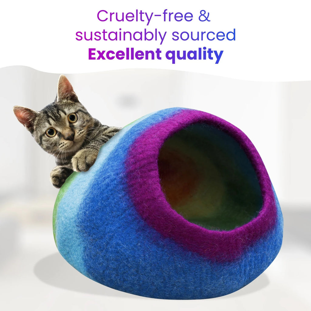 KayJayStyles Rainbow Felt Cat Cave / Cat Bed / Warm Cat House / Cat Cocoon Hand Felted Natural Wool Eco-Friendly - Great Cat Gift - DharmaObjects