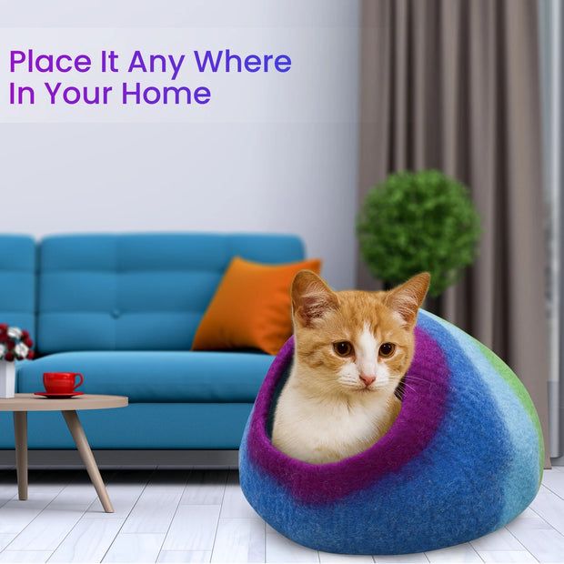 KayJayStyles Rainbow Felt Cat Cave / Cat Bed / Warm Cat House / Cat Cocoon Hand Felted Natural Wool Eco-Friendly - Great Cat Gift