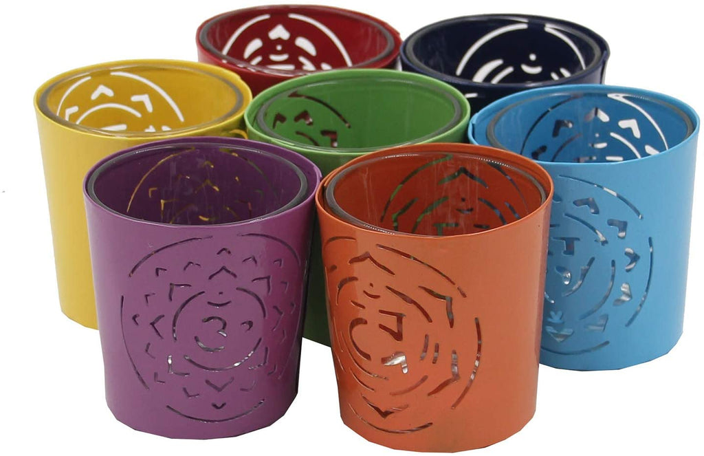 Large Set of 7 Chakra Symbols Votive Tea Light Candle Holder