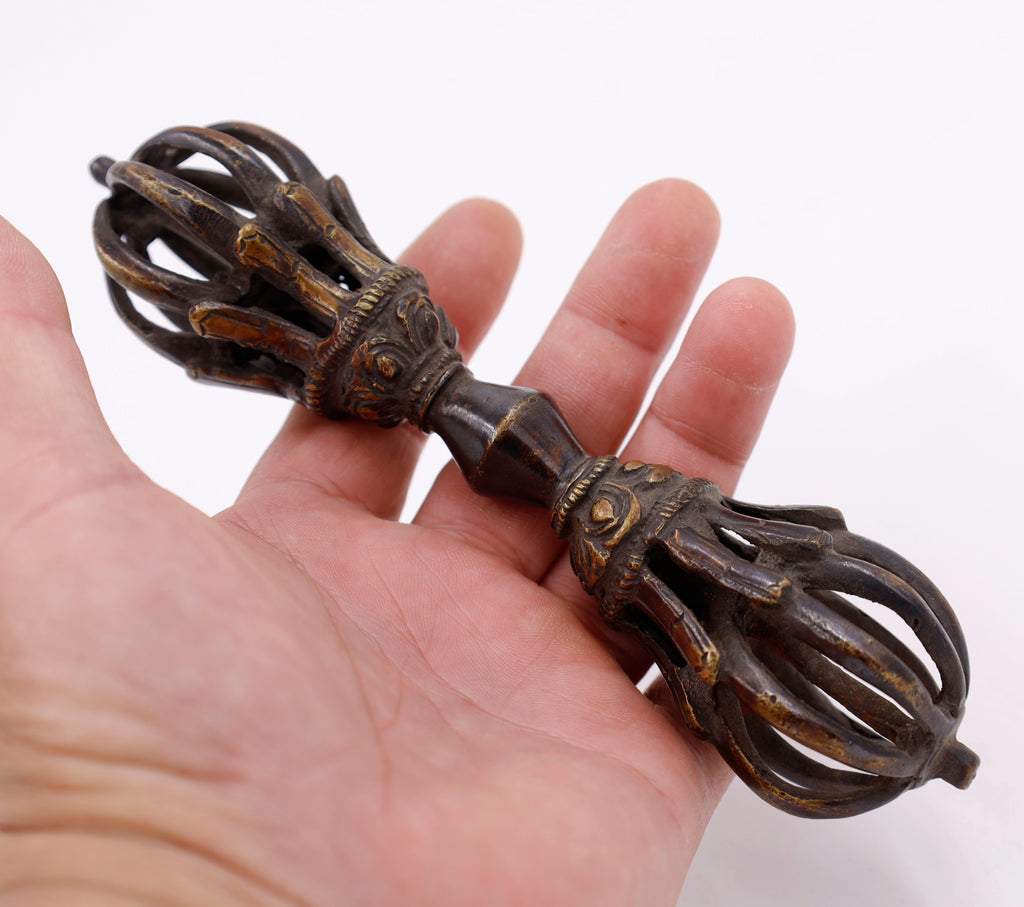 DharmaObjects Tibetan Buddhist Brass (Vajra) Thunderbolt Nine Spokes Dorjee / Dorji (6.5 Inches) - DharmaObjects