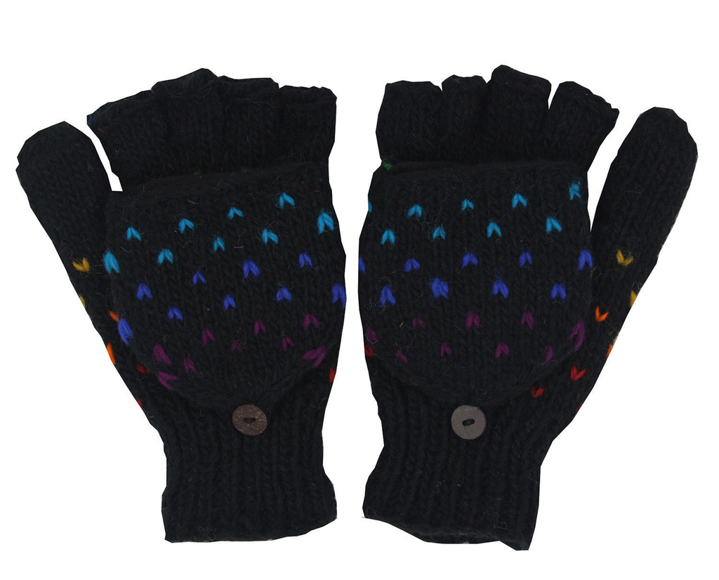 Hand Knit 100% Wool Convertible Finger less Mittens Glove Nepal - DharmaObjects