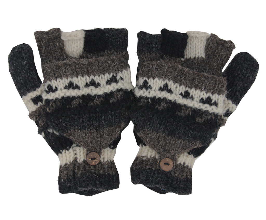 Hand Knit 100% Wool Convertible Finger less Mittens Glove Nepal - DharmaObjects