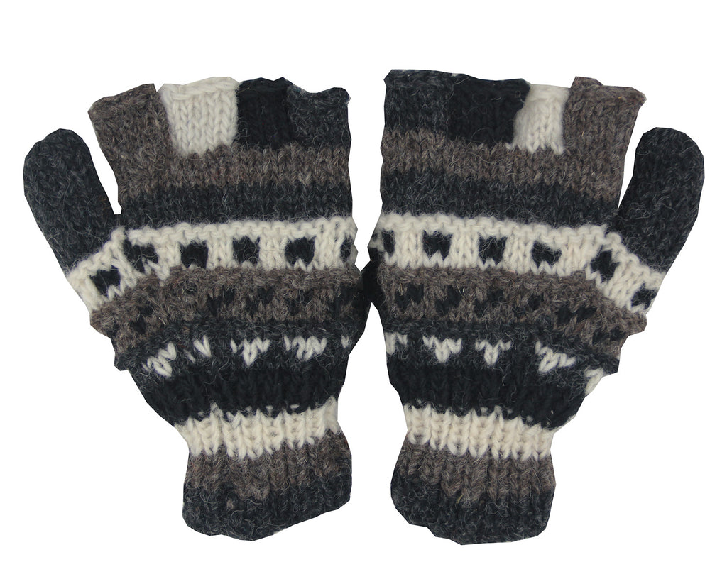 Hand Knit 100% Wool Convertible Finger less Mittens Glove Nepal - DharmaObjects