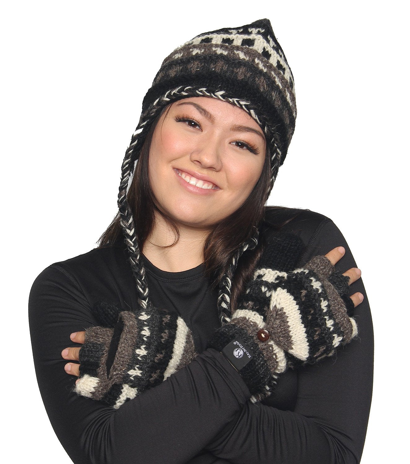 Nepal Hand Knit Ear Flaps Beanie Ski Wool Hat & Glove Mitten Set - DharmaObjects