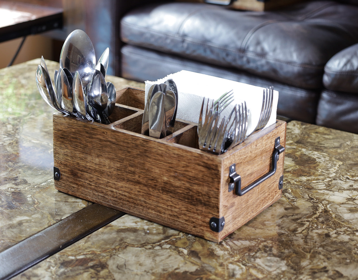 Mango Wood Utensils Caddy, Holder for Spoons, Forks, Knives, Salt Pepper, Napkins, Silverware Organizer, Flatware Holder - DharmaObjects