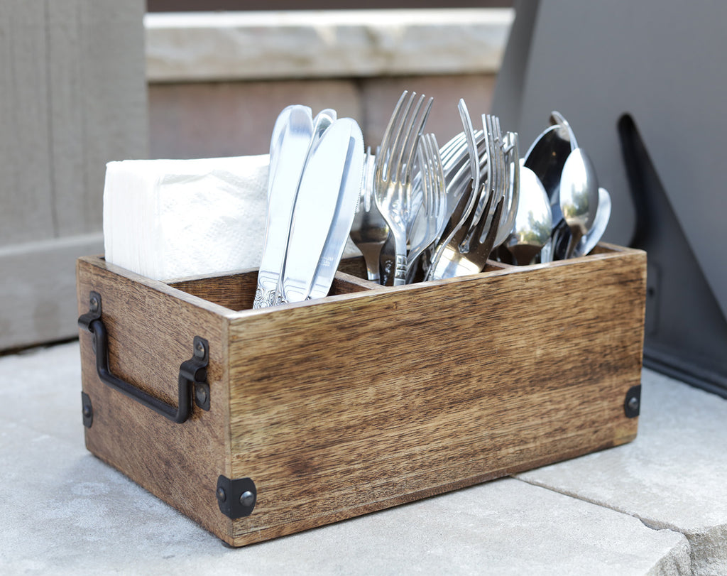 Mango Wood Utensils Caddy, Holder for Spoons, Forks, Knives, Salt Pepper, Napkins, Silverware Organizer, Flatware Holder - DharmaObjects