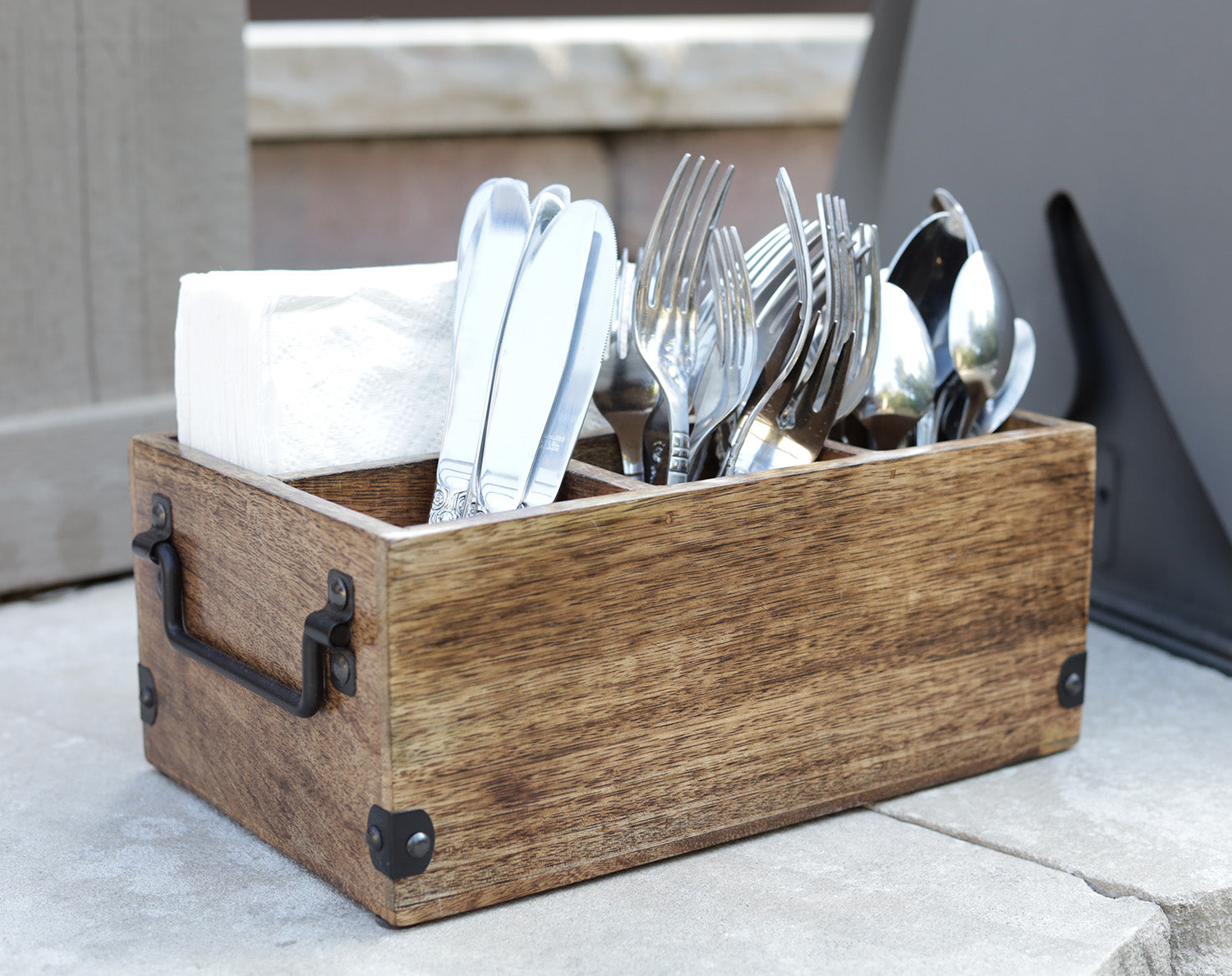 Mango Wood Utensils Caddy, Holder for Spoons, Forks, Knives, Salt Pepper, Napkins, Silverware Organizer, Flatware Holder - DharmaObjects