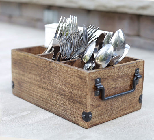 Mango Wood Utensils Caddy, Holder for Spoons, Forks, Knives, Salt Pepper, Napkins, Silverware Organizer, Flatware Holder