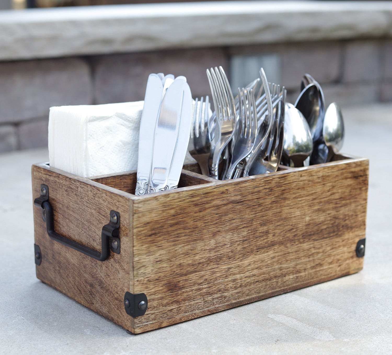 Mango Wood Utensils Caddy, Holder for Spoons, Forks, Knives, Salt Pepper, Napkins, Silverware Organizer, Flatware Holder - DharmaObjects
