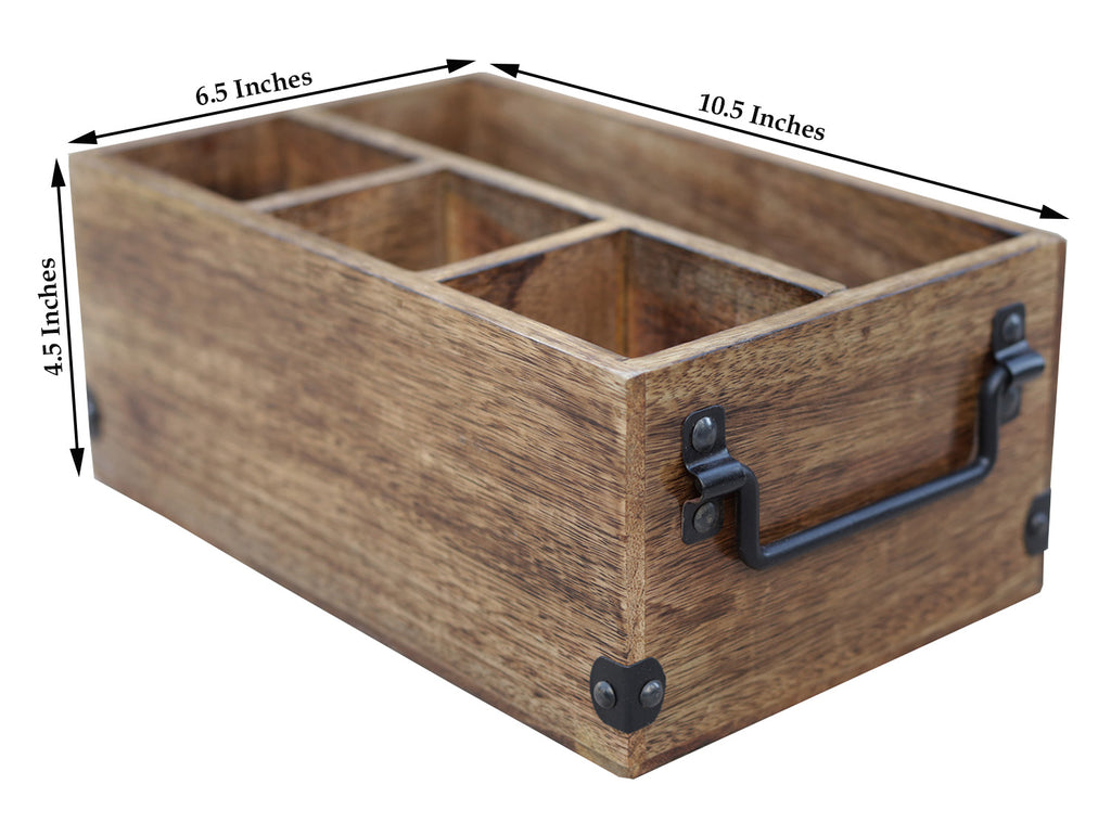 Mango Wood Utensils Caddy, Holder for Spoons, Forks, Knives, Salt Pepper, Napkins, Silverware Organizer, Flatware Holder - DharmaObjects