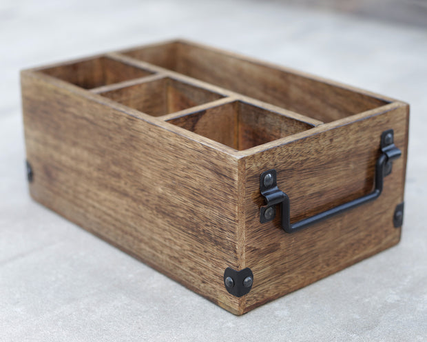 Mango Wood Utensils Caddy, Holder for Spoons, Forks, Knives, Salt Pepper, Napkins, Silverware Organizer, Flatware Holder