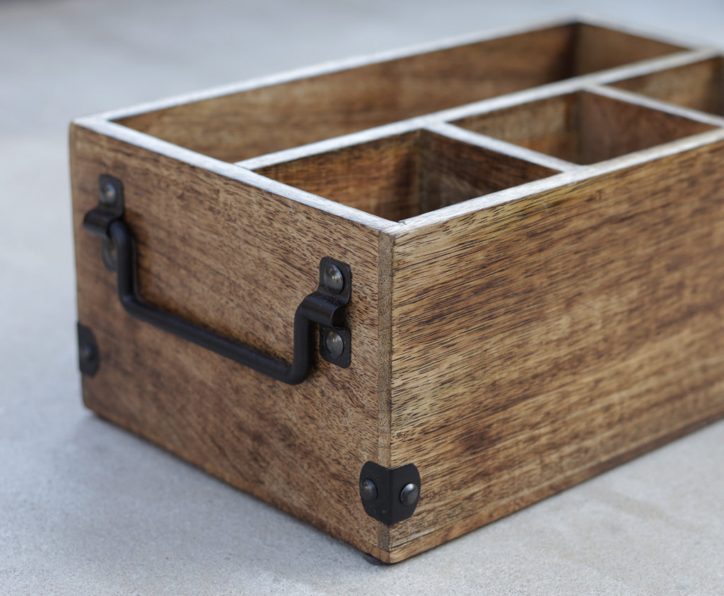 Mango Wood Utensils Caddy, Holder for Spoons, Forks, Knives, Salt Pepper, Napkins, Silverware Organizer, Flatware Holder - DharmaObjects