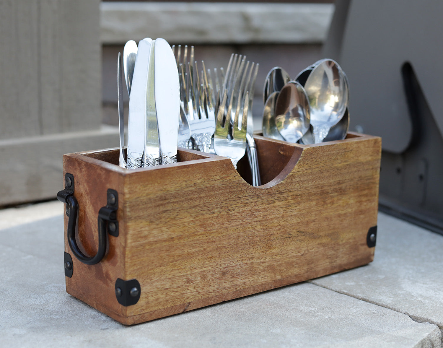 Mango Wood Utensils Caddy, Holder for Spoons, Forks, Knives, Salt Pepper, Napkins, Silverware Organizer, Flatware Holder - DharmaObjects