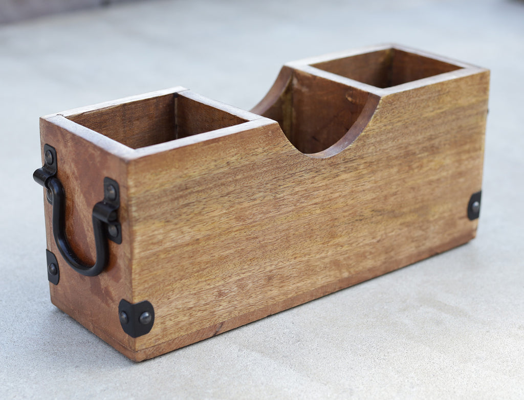 Mango Wood Utensils Caddy, Holder for Spoons, Forks, Knives, Salt Pepper, Napkins, Silverware Organizer, Flatware Holder - DharmaObjects